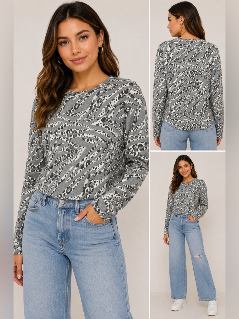 Yee Yee Gray Animal Print Long Sleeve Knit Top Size M Made in USA